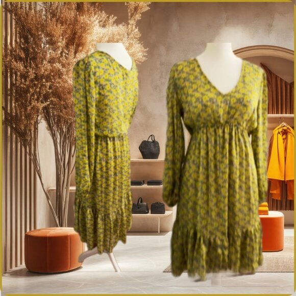 Yellow Floral Long Sleeve Ruffle Hem Mini Dress Size M - Picture 4 of 5